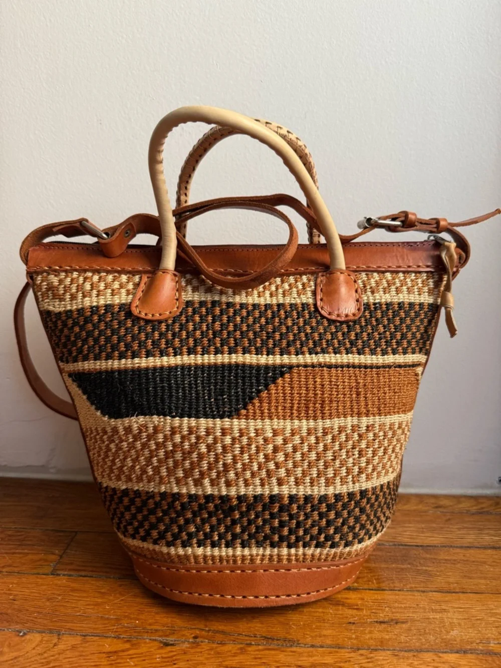 Handwoven Brown African Sisal Tote Bag Kenyan Basket Bag Leather Trim Large - Picture 5 of 11